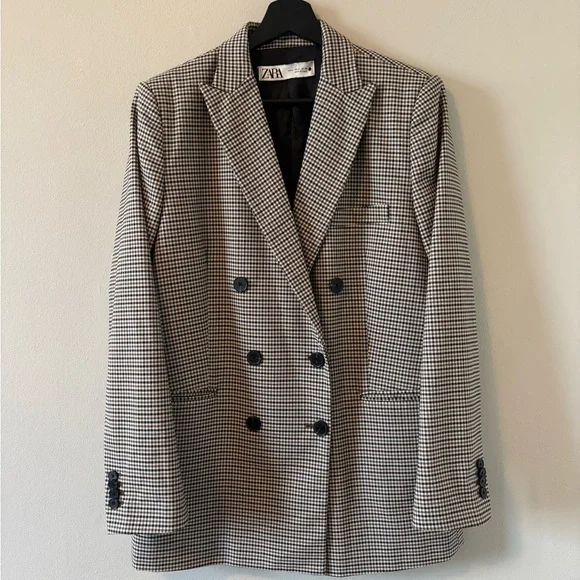 Zara Brown Houndstooth Double-Breasted Blazer L - Picture 1 of 4